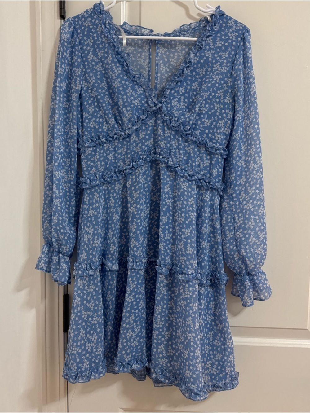 B Darlin Light Blue Floral Ruffle Tiered Long Sleeve Dress